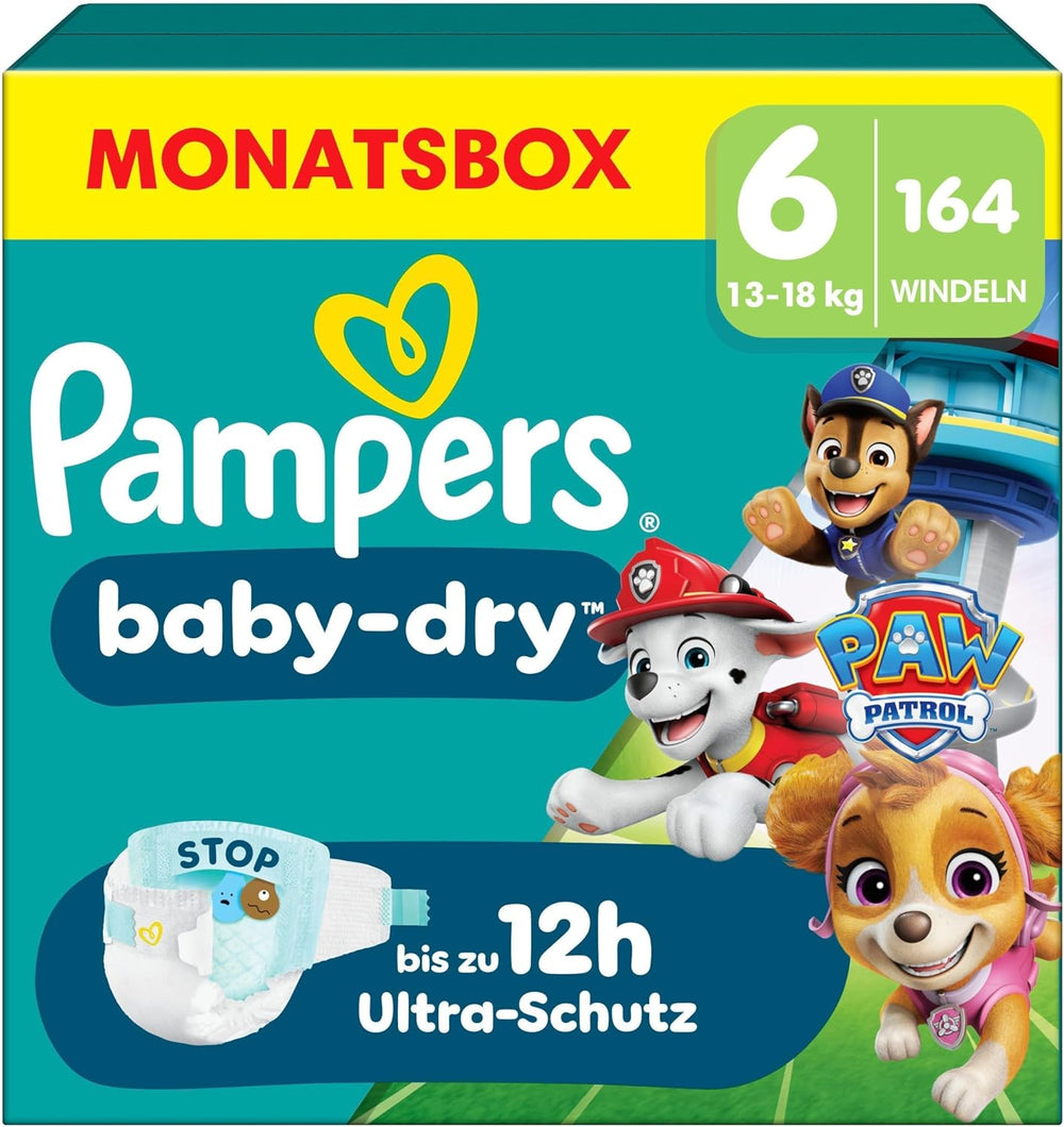 Couches Pampers Baby-Dry Puppy Patrol Edition, taille 6, 164 couches, 13 kg - 18 kg, protection contre les fuites jusqu'à 100 % et confort toute la nuit