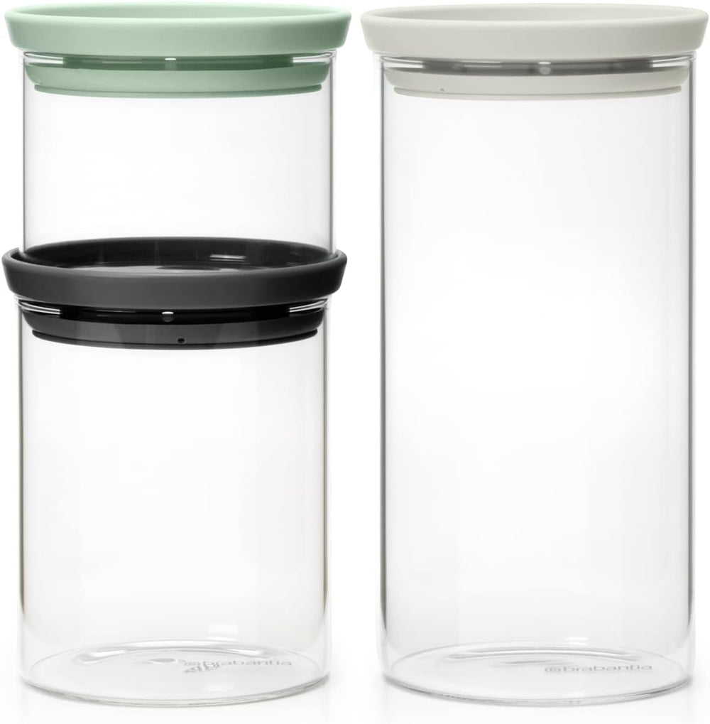 Brabantia - Récipient en verre empilable avec couvercle - Lot de 3 - Conservation des aliments - Garde les aliments frais plus longtemps - Joint en silicone - Passe au lave-vaisselle - Gris foncé/gris clair/vert jade - Boîtes de conservation alimentaire 0,3 L/0,6 L/1,1 L Naty Shop Default Title