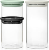 Brabantia - Recipient de sticlă stivuibil cu capac - Set de 3 - Depozitare alimente - Păstrează alimentele proaspete pentru mai mult timp - Sigiliu din silicon - Se spală în mașina de spălat vase - Gri închis/gri deschis/verde jad - 0.3L/0.6L/1.1L Cutii depozitare alimente Naty Shop Titlu implicit