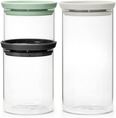 Brabantia - Recipient de sticlă stivuibil cu capac - Set de 3 - Depozitare alimente - Păstrează alimentele proaspete pentru mai mult timp - Sigiliu din silicon - Se spală în mașina de spălat vase - Gri închis/gri deschis/verde jad - 0.3L/0.6L/1.1L Cutii depozitare alimente Naty Shop Titlu implicit