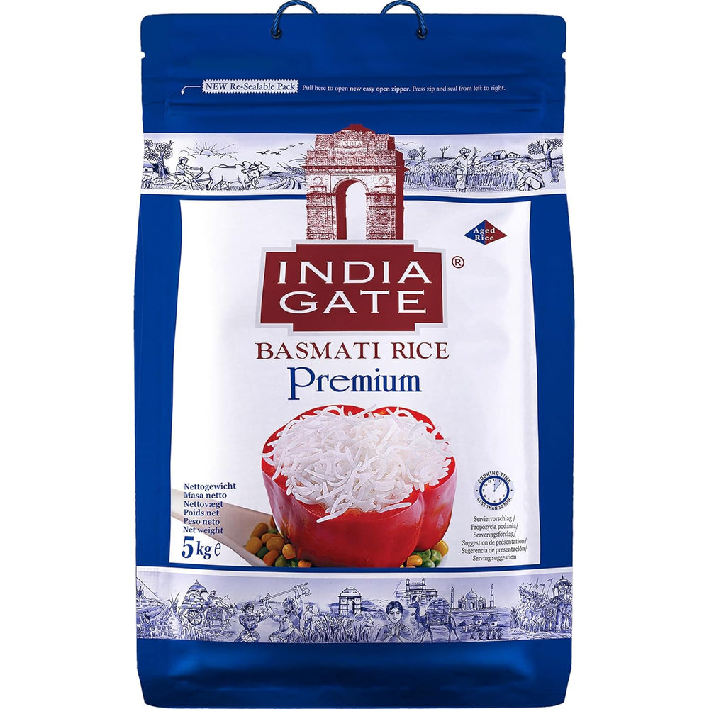 INDIA GATE Premium Basmati Rice – Riz fin à grains longs, aromatique, d'Inde, à grains longs fins (1 x 5 kg)