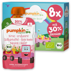 Sachets de légumes et céréales biologiques Pumpkin Organics, pack de 8 : Poire, Fraises, Patate douce, Betterave, Banane, Avoine - Sans sucre ajouté¹ - Dès 6 mois - comme collation ou aliment complémentaire dans l'emballage (8 x 100g)
