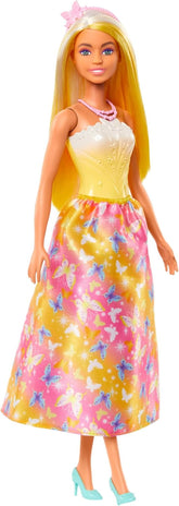 Păpușă Barbie Royal cu păr fantezist cu șuvițe colorate, accesorii colorate, top galben cu gradient și fustă cu model fluture, HRR09 Papusi Naty Shop Titlu implicit
