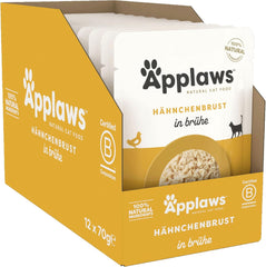 Hrană umedă pentru pisici Applaws 100% naturală, piept de pui în bulion - pachet de 12 pliculețe a câte 70 g