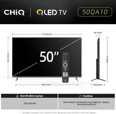 CHIQ 50QA10 Téléviseur intelligent QLED 4K UHD 50 pouces avec Google, QLED Pro, DLG 120 Hz, MEMC, VRR, ALLM, HDR10, Dolby Audio, 4x HDMI 2.1, large gamme de couleurs, boîtier métallique sans cadre, Chromecast, Google Assistant