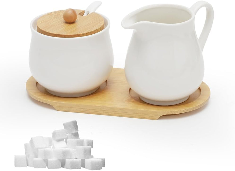 Service à lait et sucre avec couvercle et cuillère, pot à lait en céramique en 5 parties et récipient à sucre avec tablette en bois, récipient à lait et sucre pour cuisine, café, four à micro-ondes et lave-vaisselle (blanc)