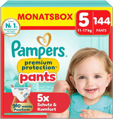 Pampers Premium Protection Pants taille 5, 144 couches, 11 kg - 17 kg, avec réglage à 360° et poignets anti-fuites souples pour un confort et une protection optimaux