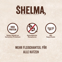 Hrană umedă pentru pisici Shelma cu pui în sos cu roșii și ierburi – Hrană completă fără cereale cu conținut ridicat de carne – 28 x 85 g (2,38 kg)