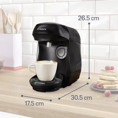 Bosch Tassimo Happy Friendly TAS102E Machine à expresso à capsules, plus de 70 boissons, convient à toutes les tasses, arrêt automatique, durable, dosage parfait, peu encombrant, 1400 W, noir