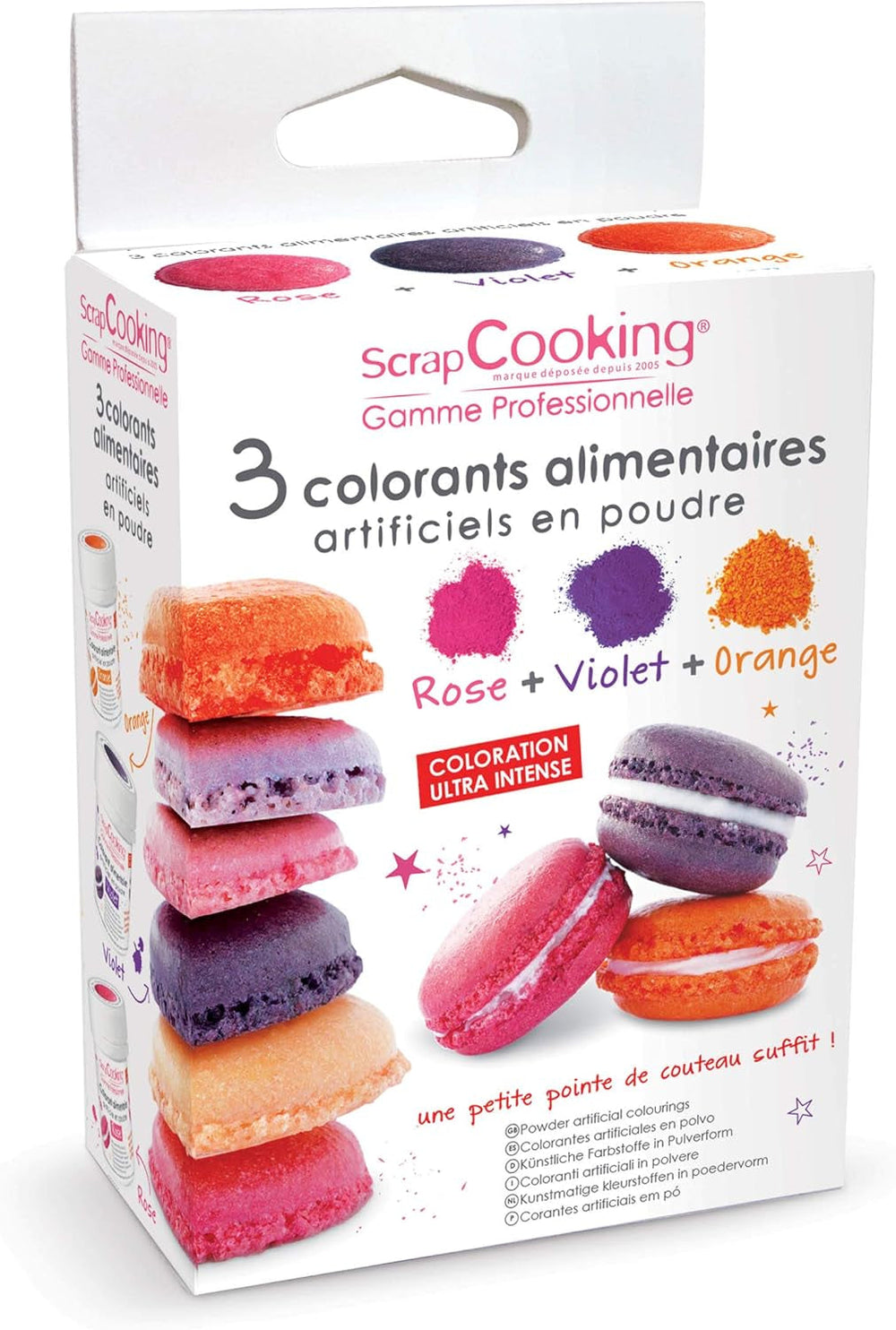 3 colorants alimentaires : orange, violet, rose