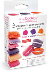 3 colorants alimentaires : orange, violet, rose
