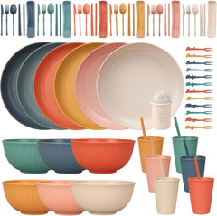 Ensemble de couverts indestructibles pour 6 personnes Ensemble de couverts de camping 66 pièces Ensembles de couverts de pique-nique en plastique Ensemble de couverts en plastique léger et coloré pour barbecue Assiettes de service Bols