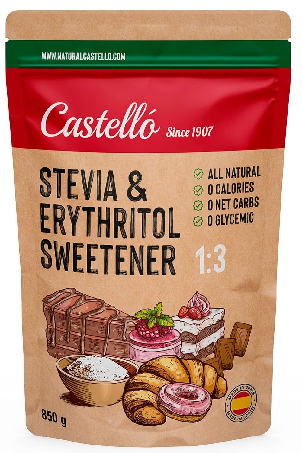 Stevia + Eritritol 1:3 Îndulcitor,1G = 3G Zahăr, 850 grame Indulcitori Naty Shop
