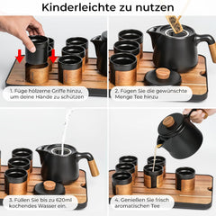 MIAMIO - Service à thé japonais/chinois 6 x 100 ml / Théière asiatique 620 ml avec infuseur à thé, ensemble de théière japonaise traditionnelle pour les amateurs de thé/hommes/femmes (noir)
