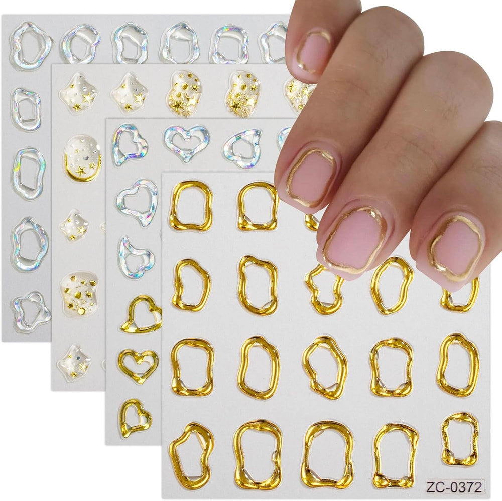 JMEOWIO 6 Blatt 3D Nail Sticker Goldene Unregelmäßige Geometrische Nail Art Sticker Selbstklebend Nagelaufkleber 5D Stereoskopisch Dekoration Nageldesign Zubehör