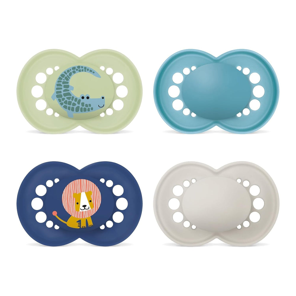 Suzete MAM Originale | 6-16 Luni | Set de suzete pentru bebeluși și copii mici | Acceptare 94% | Ajută la prevenirea alinierii dinților nedoriți | Suzete pentru bebeluși din silicon SkinSoft | Crocodil/Leu | Pachet de 4