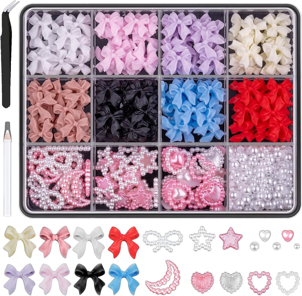 500 pcs 3D Nail Charm Schleifen Charms Nail Art Charms Schleife Nagel Charms Nägel Nail Art Schleifen Nageldekorationen Mit Aufnahmewerkzeug Für Frauen und Mädchen Nagel-Diy-Zubehör
