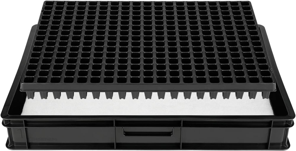 Système de propagation GW-285 composé d'un bac à eau professionnel GW657, d'un tapis capillaire assorti (absorption d'eau 3 L par m²) et d'un plateau à pots avec 285 pots (23x23 mm, hauteur 54 mm) en taille européenne (600x400 mm)