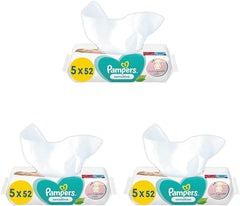 Șervețele umede pentru bebeluși sensibili, 260 de șervețele (5 x 52), fără parfum, pentru o curățare delicată și delicată (pachet de 3)
