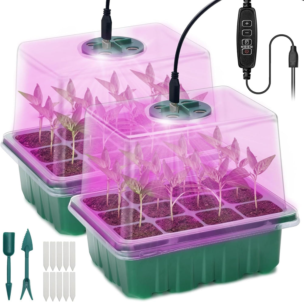 Plateau de propagation de serre d'intérieur, 2 pièces, mini ensemble de propagation de serre avec couvercle surélevé, démarreur de semis avec plateaux de lumières pour plantes à spectre complet, plateau de propagation de plantes de serre