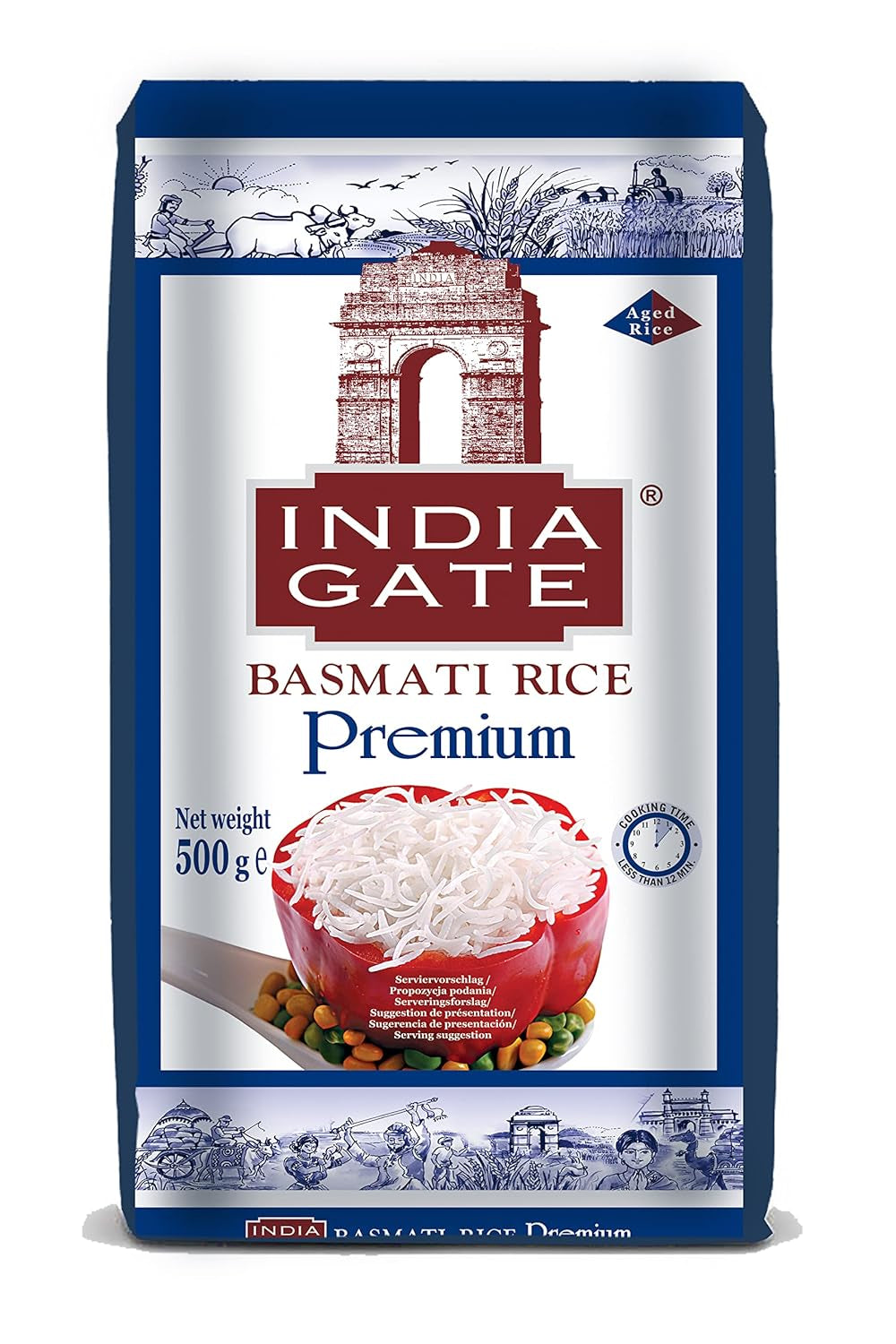 INDIA GATE Premium Basmati Rice – Riz aromatique et fin à grains longs d'Inde, grains longs fins (1 x 500 g)