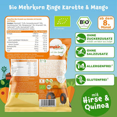 Inele multicereale organice Pumpkin Organics pentru copii, morcov și mango (pachet de 8) Gustări pentru bebeluși fără aditivi de la 12 luni - fără alergeni² și fără gluten³ Gustări crocante pentru copii (8 x 20g)