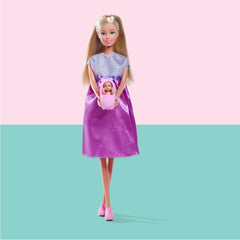 Simba Steffi Love Welcome Baby 29 cm Enceinte Steffi 12-Pack Accessoires de jeu de rôle Poupée tendance avec jouet de poupée bébé de 4 cm pour les 3 ans et plus