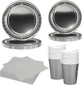 68 Pièces Ensemble de Couverts en Papier Argenté Assiettes en Carton Argenté Gobelets en Papier Serviettes Vaisselle Décorative pour Fête Anniversaire Mariage Nouvel An Fournitures de Fête de Remise des Diplômes