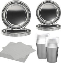 68 Pièces Ensemble de Couverts en Papier Argenté Assiettes en Carton Argenté Gobelets en Papier Serviettes Vaisselle Décorative pour Fête Anniversaire Mariage Nouvel An Fournitures de Fête de Remise des Diplômes