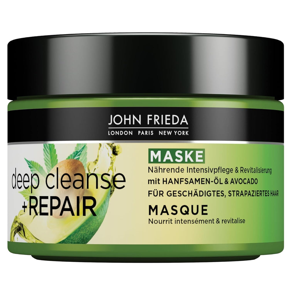 John Frieda - Masque / Traitement Deep Cleanse & Repair - Contenu: 250 ml - Avec huile de graines de chanvre + avocat nourrissant - Masque capillaire apaisant pour cheveux abîmés Naty Shop Hair Mask 250 Ml (1 pack)