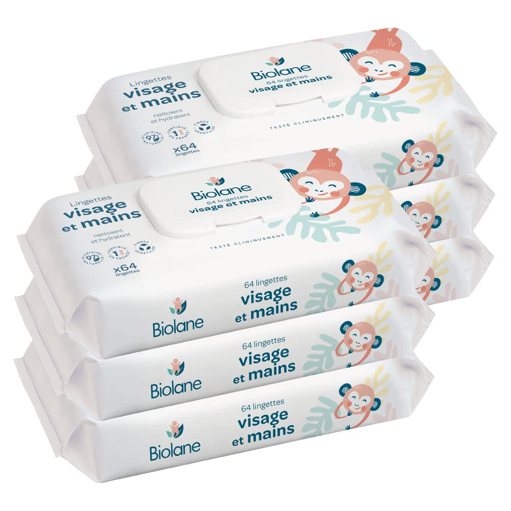 BIOLANE - Lingettes Humides Bébé Visage et Mains - Paquet de 6 - 384 Lingettes (6 x 64 cm) - Nettoie et Protège - Produits de Toilette - Hypoallergéniques - Pour Peaux Sensibles - 97% d'ingrédients naturels - Fabriquées
