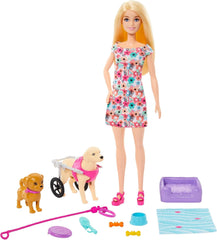 Barbie Dog Duo Poupée et accessoires, y compris petit chien et grand chien avec fauteuil roulant, laisse, bol de nourriture, lit pour animal de compagnie et os à friandises, 3 ans et plus, HTK37 Naty Shop Dolls Titre par défaut