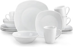 Set de veselă MALACASA pentru 4 persoane, serviciu de masă cu 16 piese din porțelan alb, set de veselă modern cu 4 farfurii de cină, farfurii de desert, farfurii de sumă și cești, seria ELISA