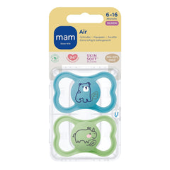 MAM Air Lot de 2 Sucettes en Silicone Extra Légères et Aérées Sucette pour Bébé Respectueuse des Dents en Silicone Spécial MAM SkinSoft avec Boîte à Sucette 6-16 Mois Ours/Rhinocéros