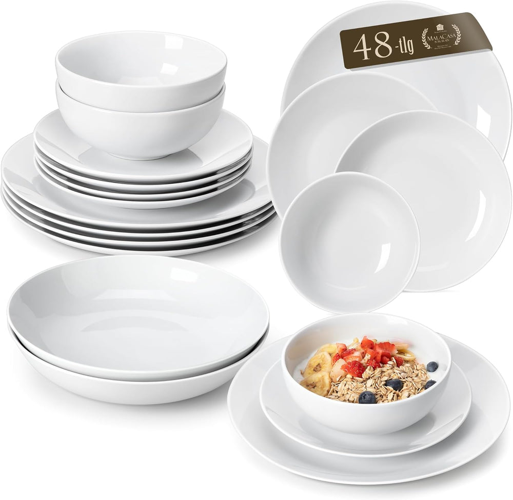 MALACASA Service de table pour 12 personnes, service de table moderne en porcelaine Amelia 48 pièces, service de table avec 12 assiettes plates, assiettes à dessert, assiettes Suma et bols à céréales, service de table moderne pour 12 personnes – Blanc