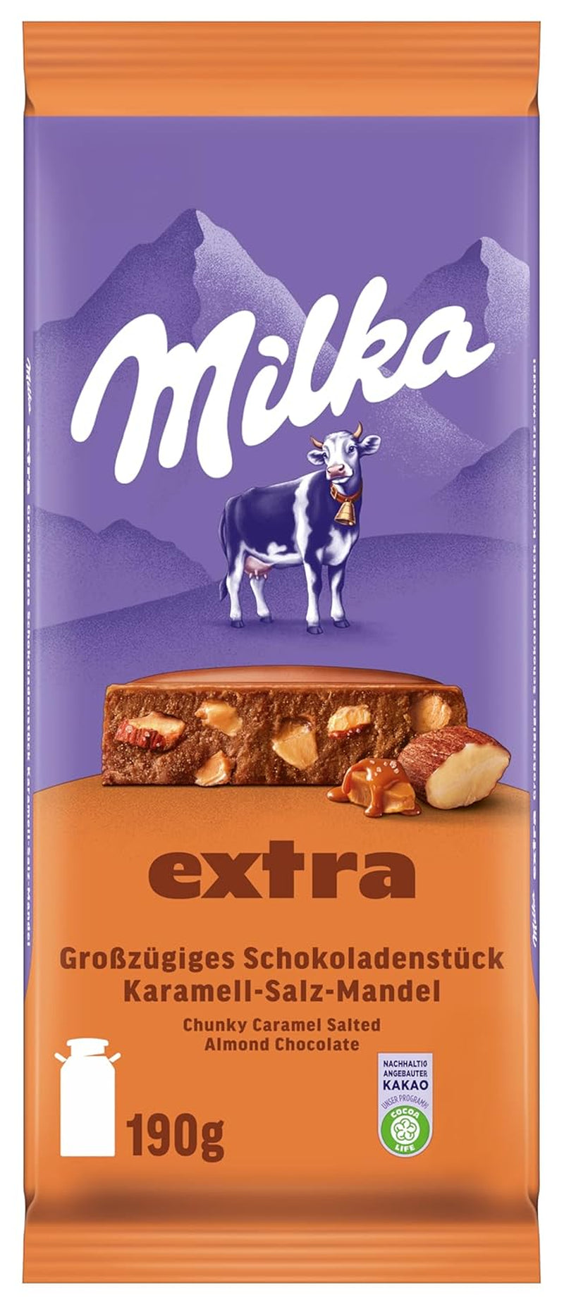 Milka Extra Caramel Sel Amande - Chocolat au lait alpin avec des morceaux de caramel, des amandes et une pincée de sel - 190g
