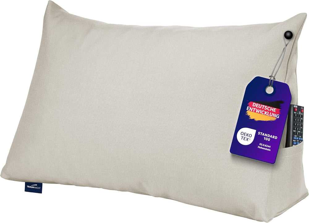 Traumnacht Cosy Back Oreiller de lecture 70 x 40 cm beige Housse amovible et lavable en 100 % polyester Poche latérale pratique Certifié Oeko-Tex Produit selon les normes de qualité allemandes