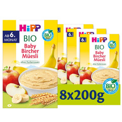HiPP Bio Baby Bircher Muesli (8 x 250 g), à partir de 6 mois, sans sucre ajouté, flocons de céréales extra tendres - petit-déjeuner facile à digérer de la meilleure qualité biologique