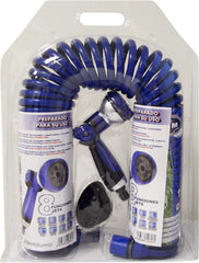 590078 – Set furtun spiralat, albastru, 15 metri (diametru 9 mm) + pistol multifuncțional cu 8 duze + filet interior automat cu adaptor ¾-½ + 2 conectori rapizi + suport de agățare