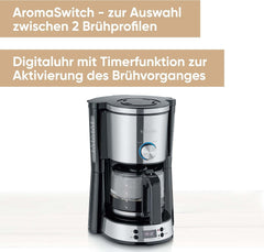 Machine à expresso SEVERIN "TypeSwitch" avec carafe en verre et minuterie, AromaSwitch pour choisir 2 options de préparation, horloge numérique avec fonction minuterie, pour jusqu'à 10 tasses, 1000W, acier inoxydable brossé-noir, KA 4826