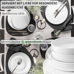 SANGER | Marlo White Service de table 24 pièces pour 6 personnes avec assiettes à dessert, assiettes plates, bols et bols à céréales, service de table en porcelaine, vaisselle au design moderne, collection PREMIUM
