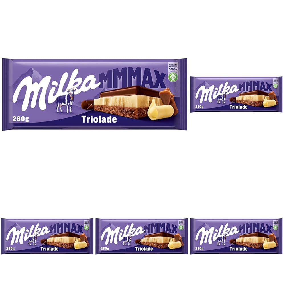 Milka Triolade 1x280g | Grande barre de chocolat triple couche | Chocolat au lait alpin, chocolat blanc et noir | Chocolat Milka au lait 100% alpin | Tablettes de chocolat (paquet de 5)