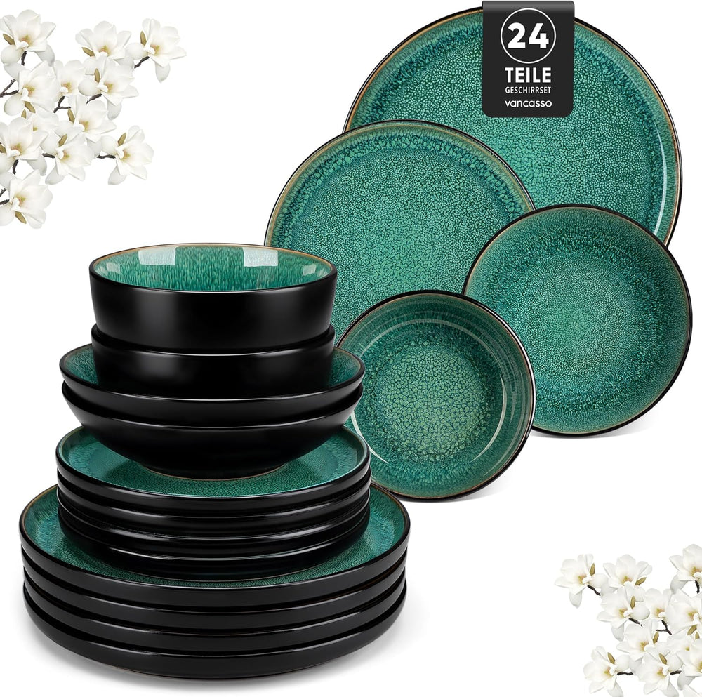 Service de table pour 6 personnes Vancasso PLAYA Service de table en grès 24 pièces pour 6 personnes Vert comprenant assiettes, assiettes Suma, bols et assiettes à salade Passe au lave-vaisselle et au micro-ondes