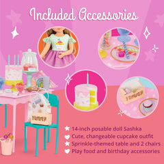 Glitter Girls - GG Surprise Birthday Party Set & Sashka - Bewegliche 36cm Puppe Sashka - Überraschungs-Geburtstagsparty-Set - Tisch & Stühle Möbel - 3 ans +