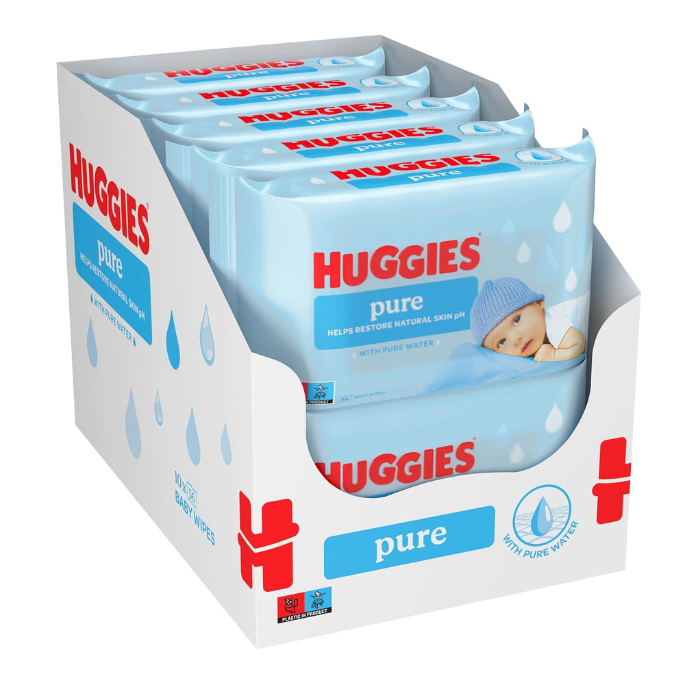 Huggies Pure Baby Wipes Lot de 18 (1008 lingettes au total) – 99 % d'eau pure – Sans parfum pour un nettoyage et une protection en douceur – Lingettes naturelles