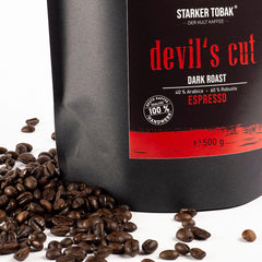 DEVIL'S CUT Espresso intensément torréfié 500g, grains entiers, 40% Arabica - 60% Robusta, fraîchement torréfié à la main, acidité subtile - arôme fort, idéal pour Café Solo, Cortado, Galão, a le goût d'une fête