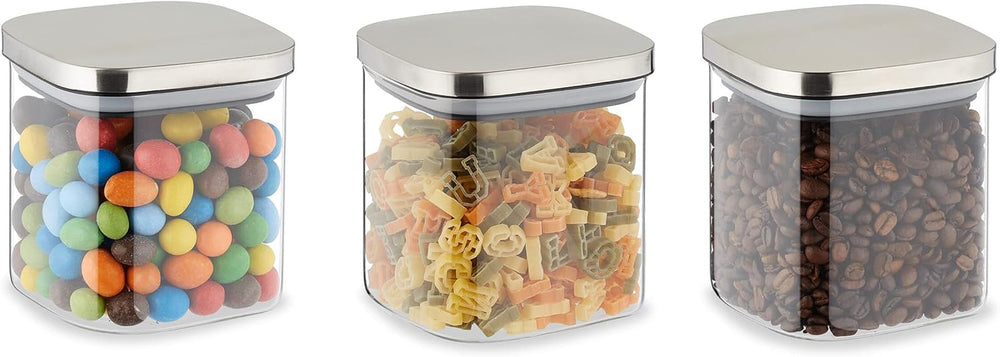 Lot de 3 bocaux de conservation avec couvercles Relaxdays, bocaux de conservation carrés de 600 ml, récipients en verre hermétiques, boîtes de conservation alimentaires transparentes/argentées Naty Shop Default Title