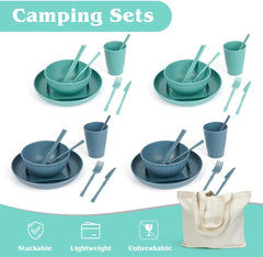 Ensemble de vaisselle de camping 53 pièces pour 4 personnes, vaisselle de camping indestructible pour 4 personnes, ensemble de vaisselle en plastique léger avec sac de transport, assiettes et bols empilables, vaisselle de pique-nique de jardin pour barbecue