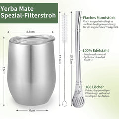 Cana modernÄ pentru mate 340 ml, set de cÄni pentru yerba mate din oÈel inoxidabil cu pereÈi dubli izolaÈi, canÄ pentru ceai mate cu capac fÄrÄ BPA, bombillas Èi o perie de curÄÈare (argintiu)