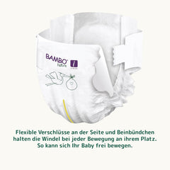 Scutece Bambo Nature pentru bebeluși, mărimea 1 (2-4 kg), cutie lunară de 132 bucăți | Scutece premium cu protecție îmbunătățită împotriva scurgerilor | Confort și libertate supreme pentru nou-născuți | Scutece testate dermatologic